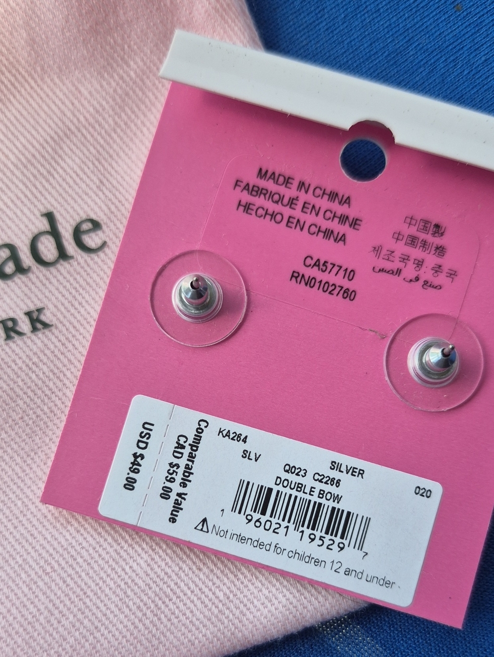 KATE SPADE ♠️ DOUBLE BOW 🩵 Silver STUD EARRINGS w/ branded dustie! 🎁 $49+ R - Picture 3 of 4